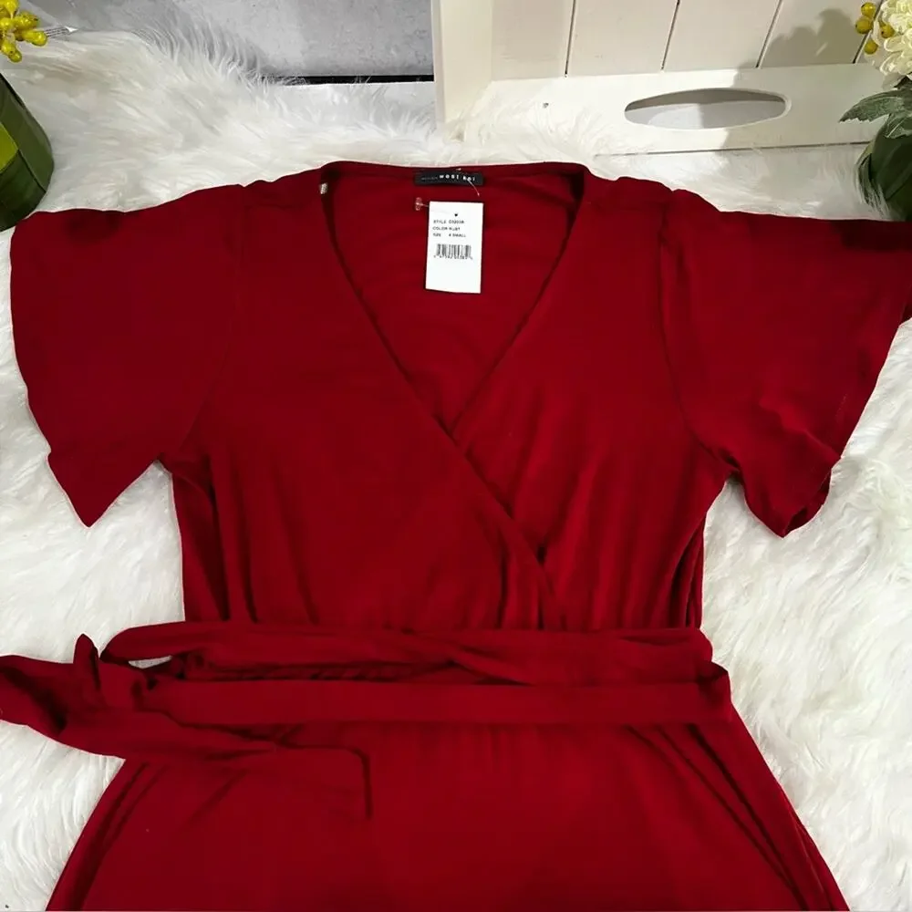 NEW West Kei Modal Jersey Flutter Sleeve Cascading High Low Belted Maxi Dress XS